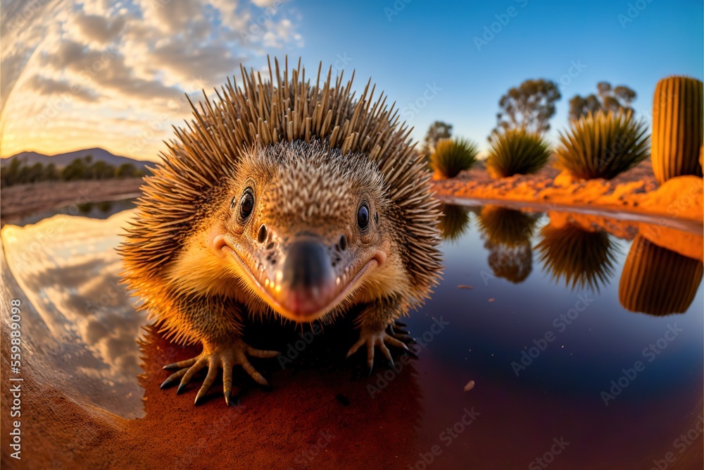 Poster a porcupine is sitting on a rock near a lake and cactuses in the background with a sky filled with c