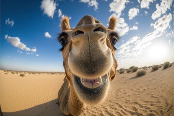  a camel is smiling in the desert with a sky background and clouds in the background, with a blue sky with white clouds and a few white fluffy white clouds, and a few light. Generative AI - obrazy, fototapety, plakaty