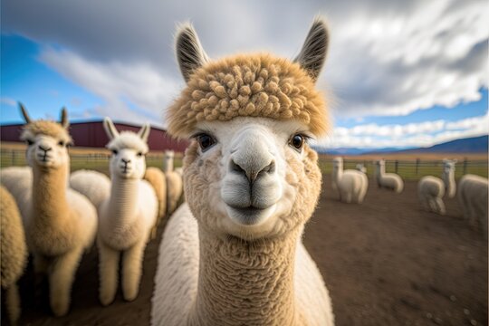  a herd of llamas standing in a field with a barn in the background and clouds in the sky above them, with a person taking a picture of the llamas face. Generative AI