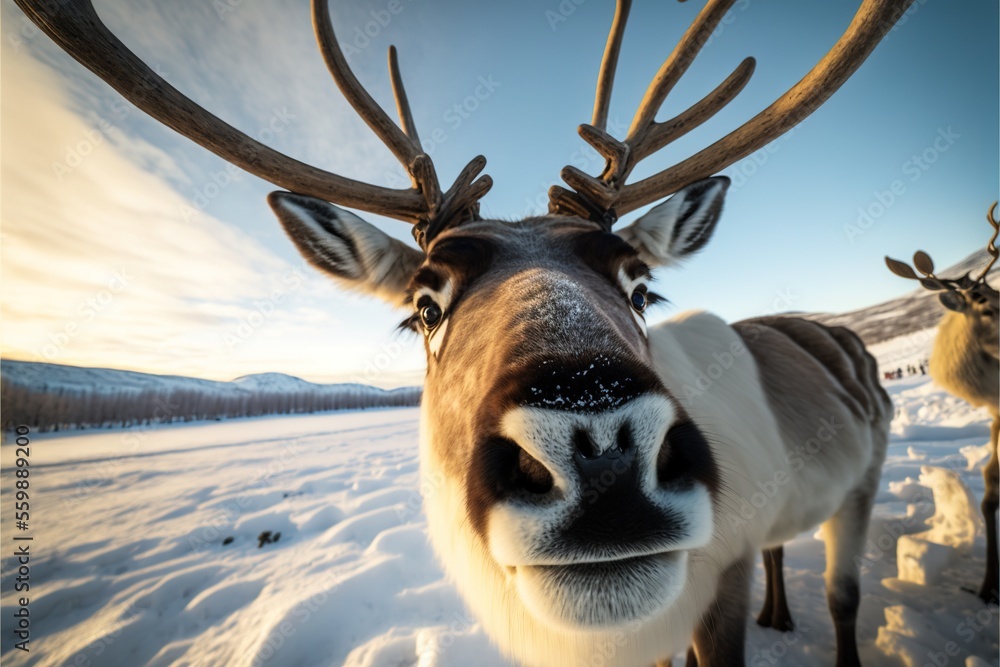 Aufkleber a reindeer with large antlers standing in the snow with another reindeer in the background looking a