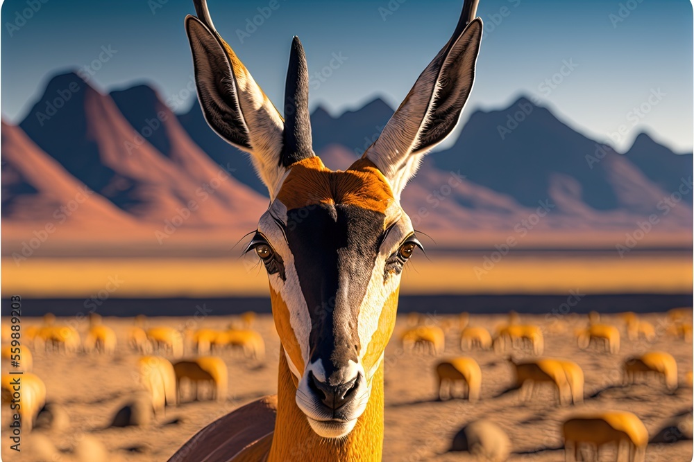 Aufkleber a close up of a goat with mountains in the background and a sky background with clouds in the sky an