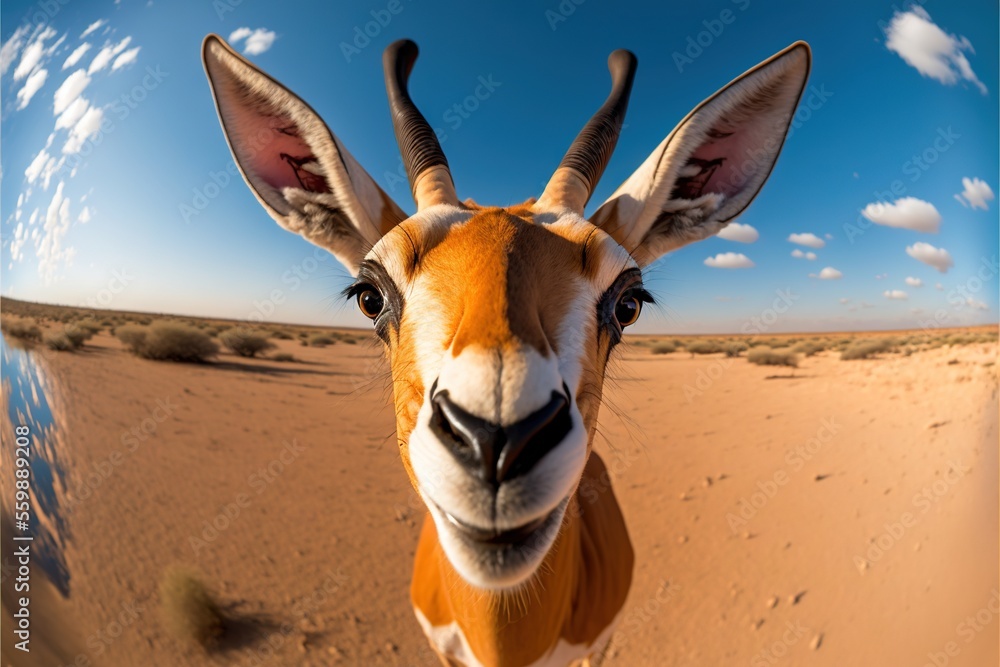 Poster a close up of a goat in a desert with a sky background and clouds in the background, with a lens poi