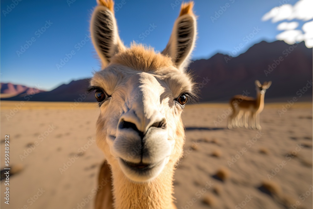 Poster a llama looks at the camera while another llama stands in the background in the desert with mountain
