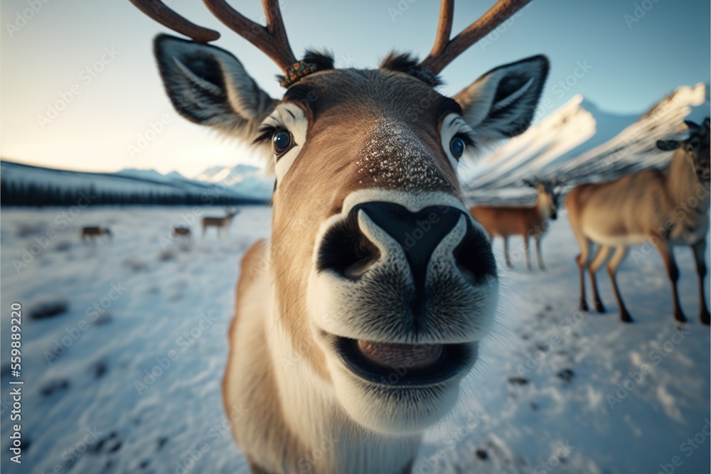 Poster a deer with antlers on its head looking at the camera in the snow with other deer in the background 
