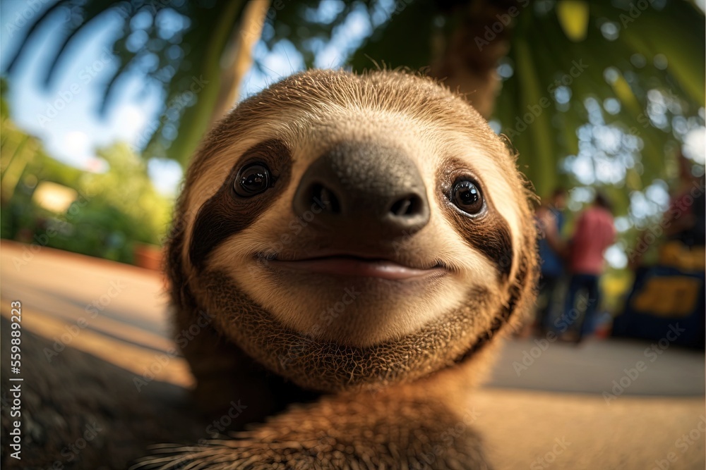 Poster a sloth smiling and sitting on the ground with a palm tree in the background and people standing aro