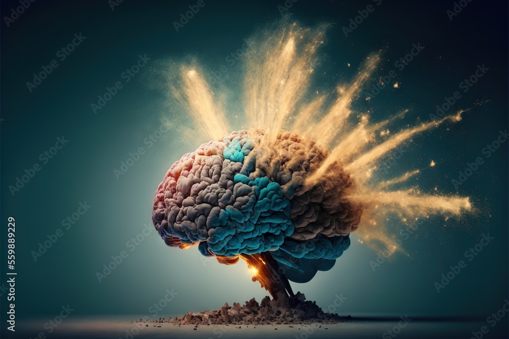 Poster a brain exploding with fire and smoke coming out of it, set against a dark background the brain is i