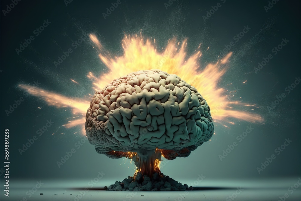 Poster a brain exploding with fire and smoke coming out of it's center, on a dark background with a blue sk