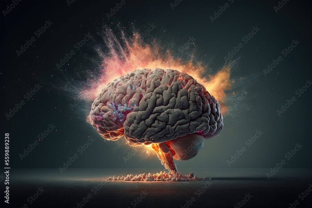 Poster a brain exploding with a lot of fire and sparks in the middle of it, with a black background and a b