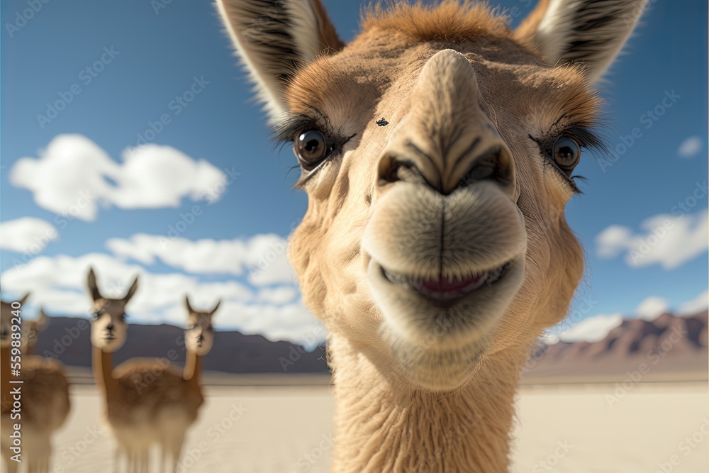 Poster a camel with a group of llamas in the background looking at the camera with a blue sky and clouds in