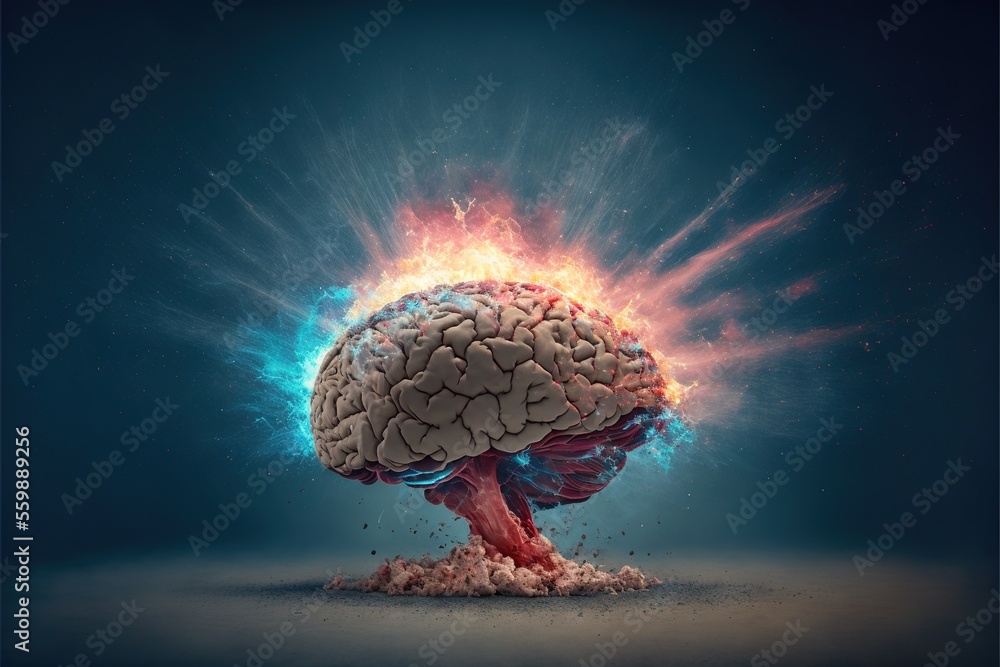 Poster a brain exploding with a blue background and a red and blue explosion coming out of it's center of t
