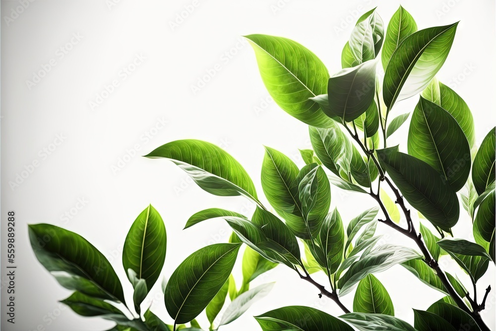 Poster a close up of a green leafy tree branch with white background and copy space for text or image, with