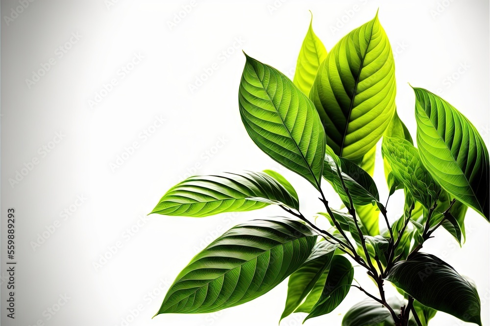 Aufkleber a green plant with leaves on a white background with a light reflection in the background of the ima