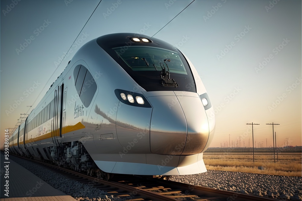 Poster a silver train traveling down train tracks next to a field of grass and power lines at sunset with a