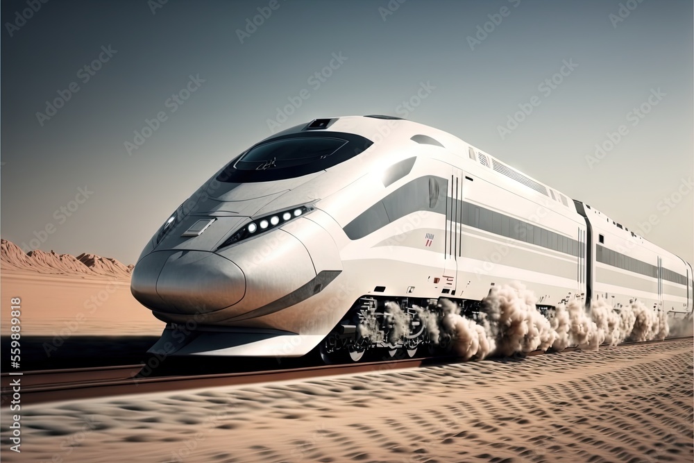 Poster a train is traveling through the desert with sand blowing around it's sides and a sky background wit