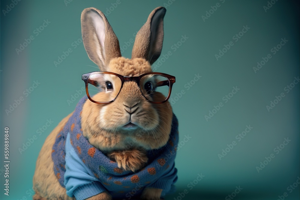 Poster a rabbit wearing glasses and a scarf with a blue background and a green background with a blue backg