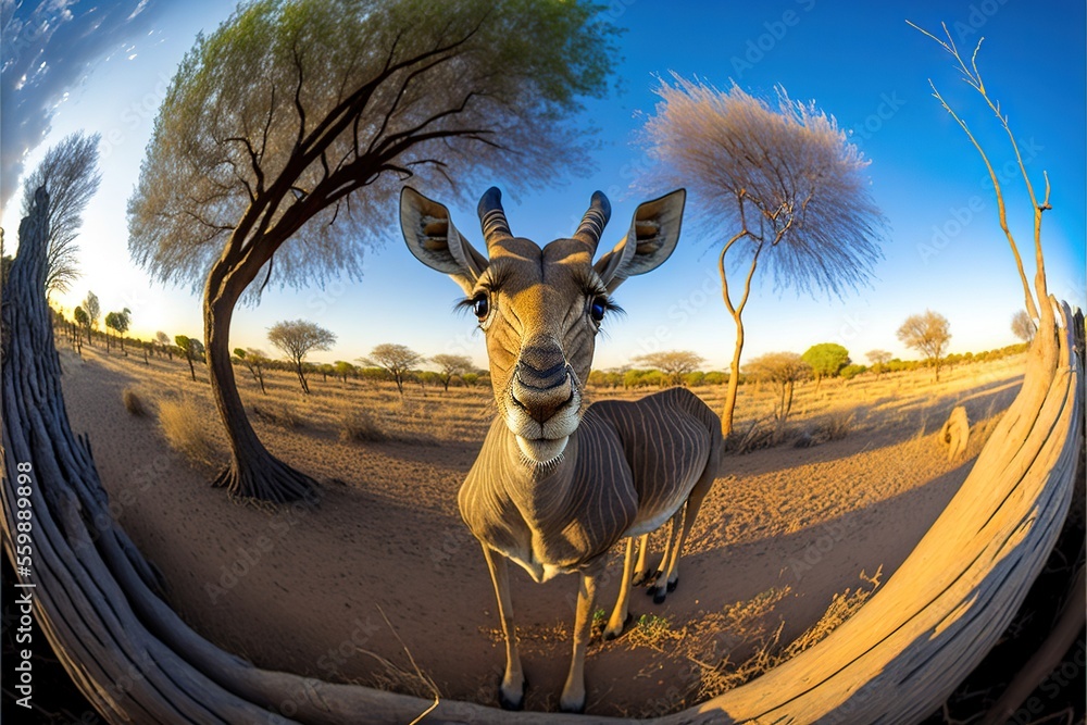 Aufkleber a picture of a giraffe in a mirror with a sky background and trees in the background, with a reflect