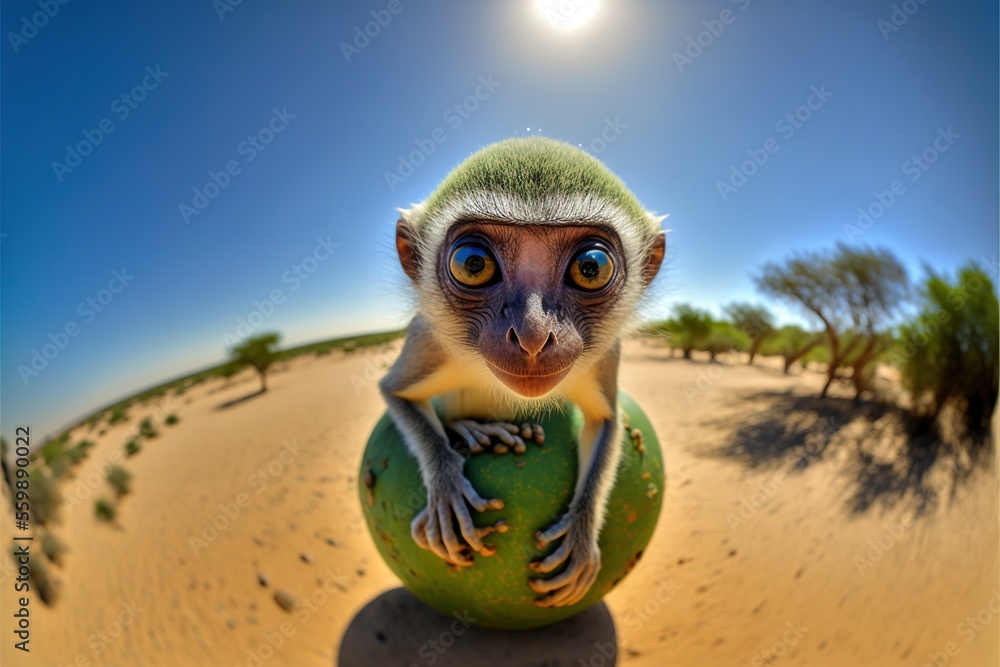 Poster a monkey is sitting on a ball in the desert with a sun in the background and a blue sky above it, wi