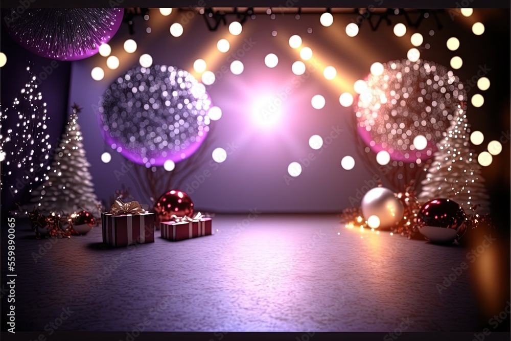 Poster a stage with a lot of lights and presents on it and a lot of balls and christmas trees on the floor 