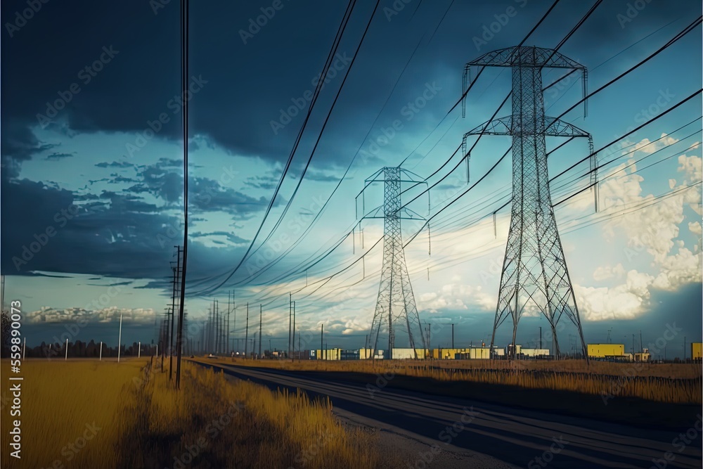 Poster a road with power lines and a sky with clouds in the background and a field with tall grass and tall