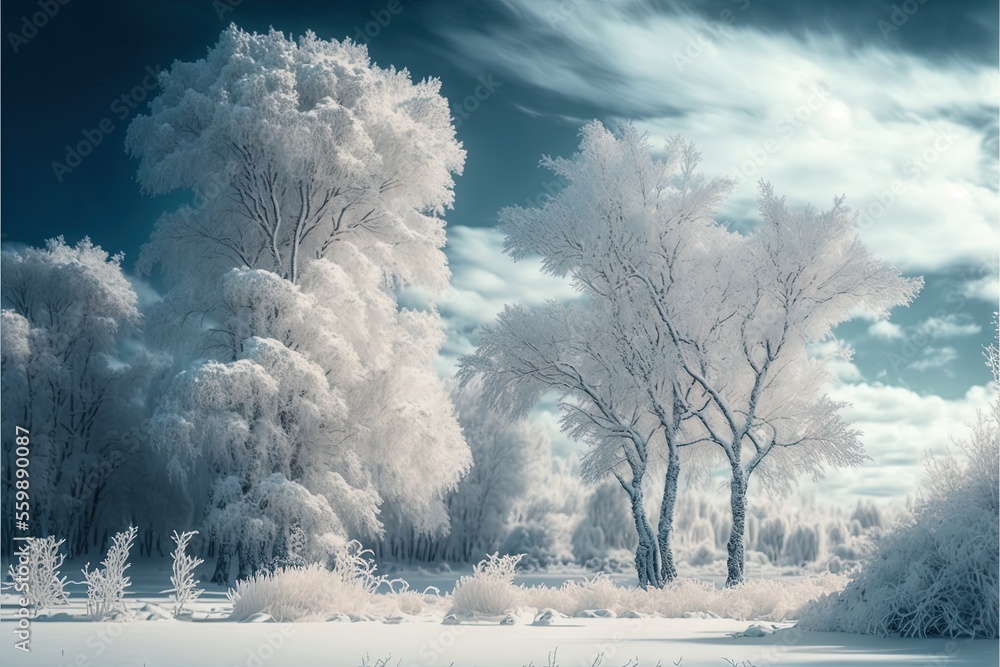 Poster a painting of a snowy landscape with trees and bushes in the foreground and a blue sky with clouds i
