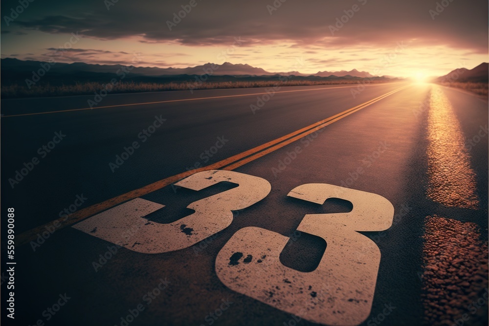 Poster a road with a sign that says the number three on it and the sun setting behind it in the distance wi