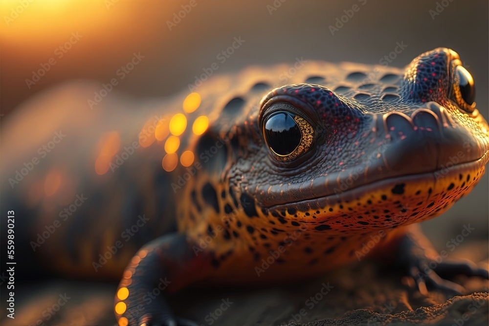 Poster a close up of a frog on a wooden surface with the sun in the background and a blurry background behi