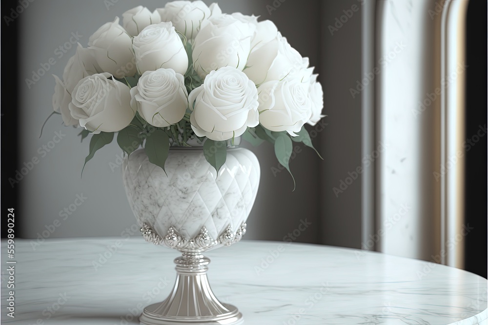 Poster a white vase filled with white roses on a table top with a mirror behind it and a window in the back