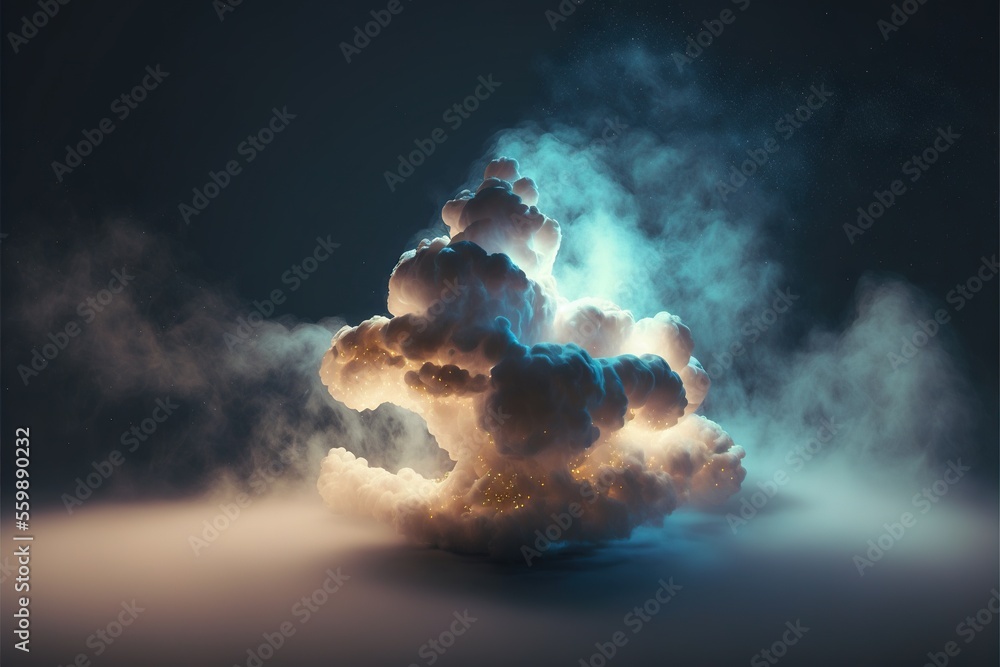 Poster a cloud of smoke is floating in the air on a dark background with a blue glow coming from the top of