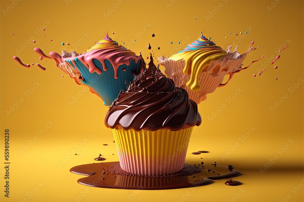 Poster three cupcakes with chocolate frosting and sprinkles on a yellow background with a splash of chocola