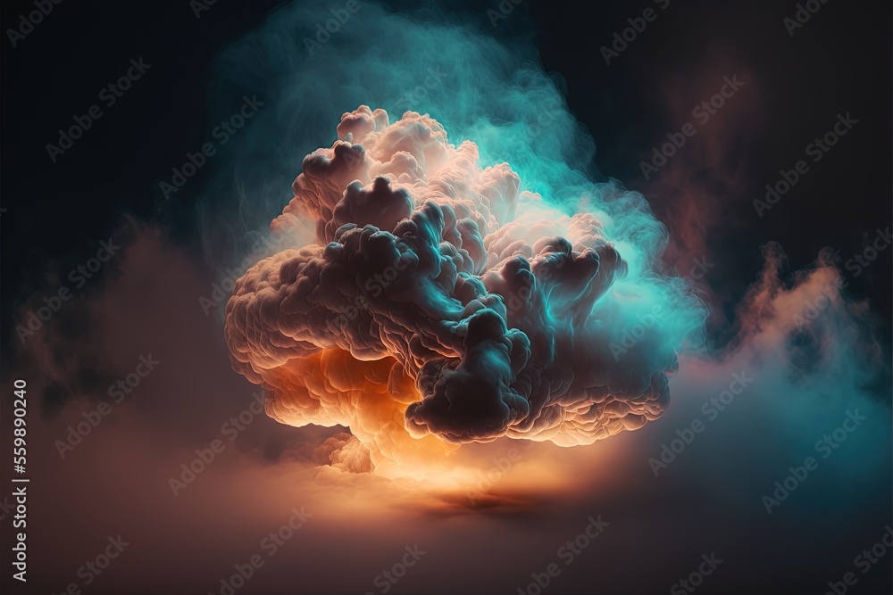 Poster a cloud of smoke is shown in the dark sky with a bright light behind it and a black background with 