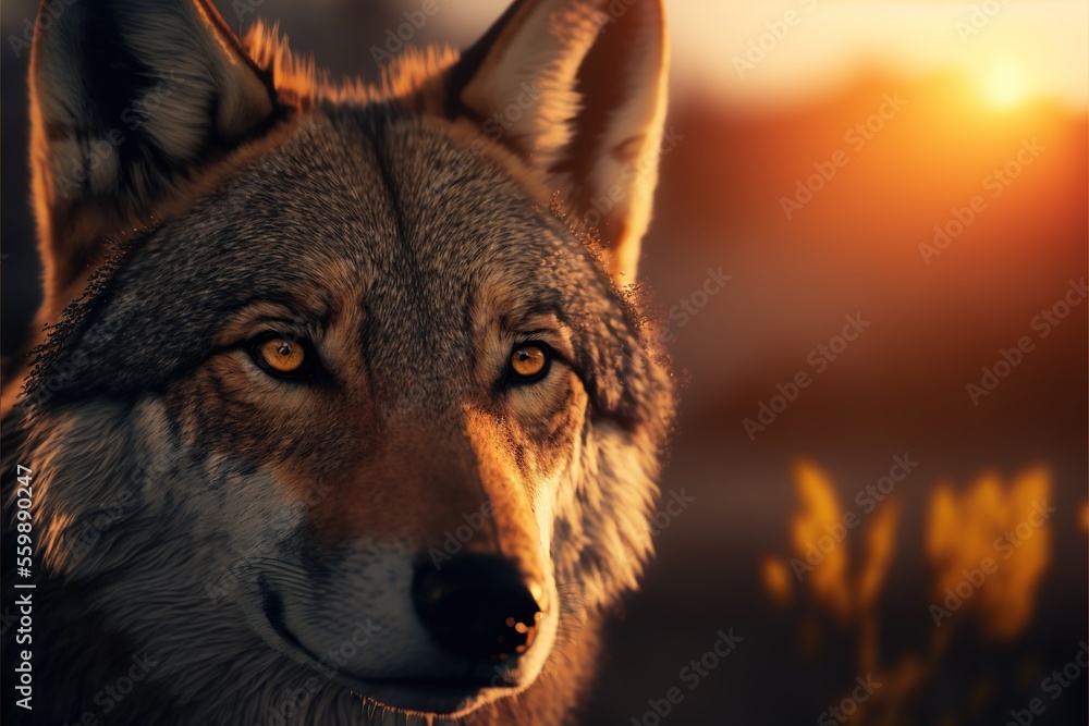 Poster a wolf staring at the camera with a blurry background of grass and trees in the background and a bri