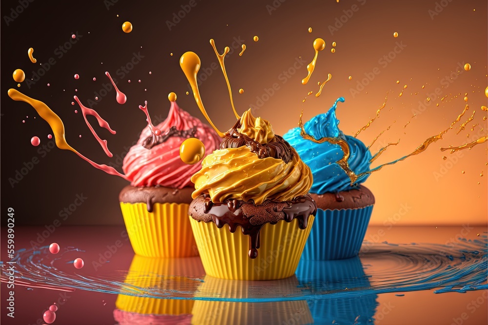 Poster three cupcakes with colorful icing and sprinkles on a table with water splashing around them and a s