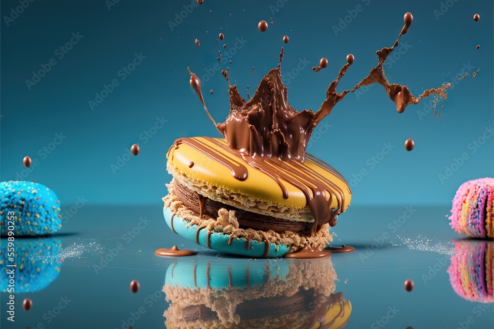 Aufkleber a chocolate doughnut with a splash of chocolate on top of it and a blue background with other donuts