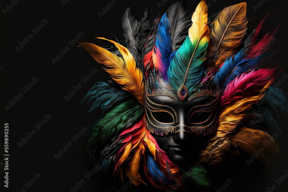 Poster a mask with feathers on it and a black background with a black background and a black mask with feat