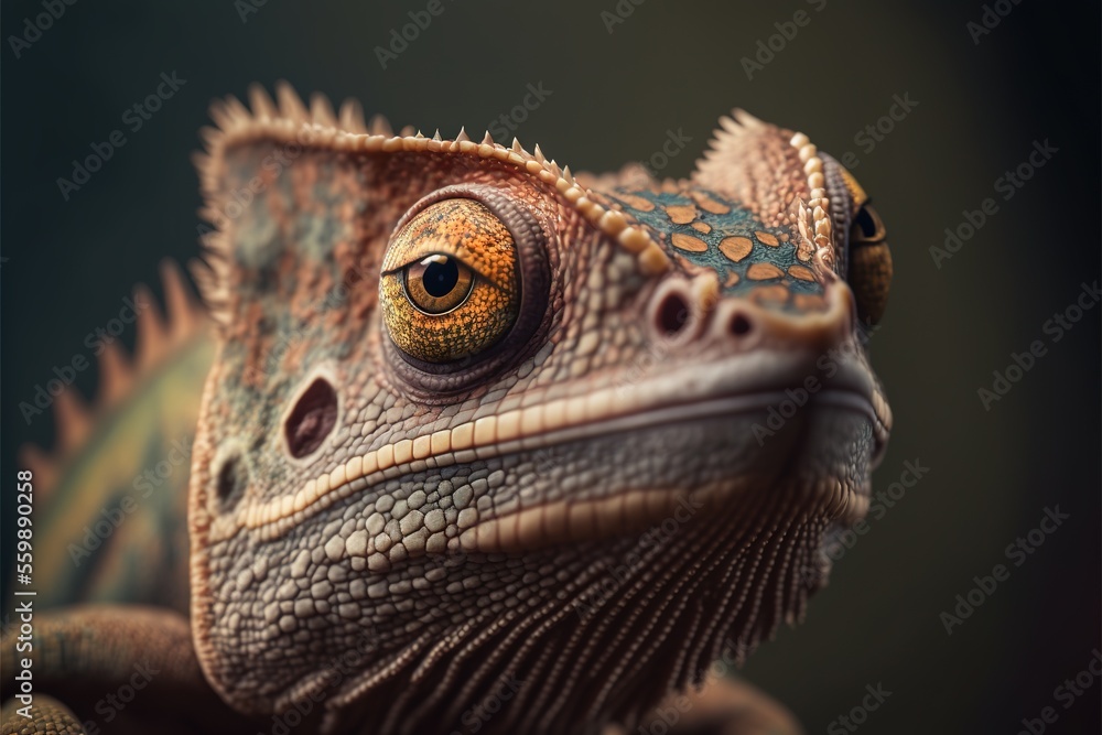 Poster a close up of a lizard with a black background and a yellow eye and a brown head and a black backgro