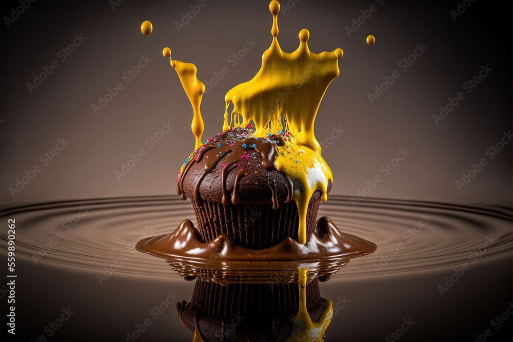 Poster a chocolate cupcake with yellow liquid splashing on it's surface and a black background with a refle