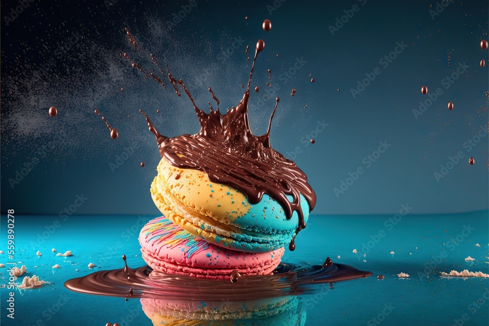 Poster a chocolate frosted donut with sprinkles on top of it in a puddle of water on a blue surface with a 