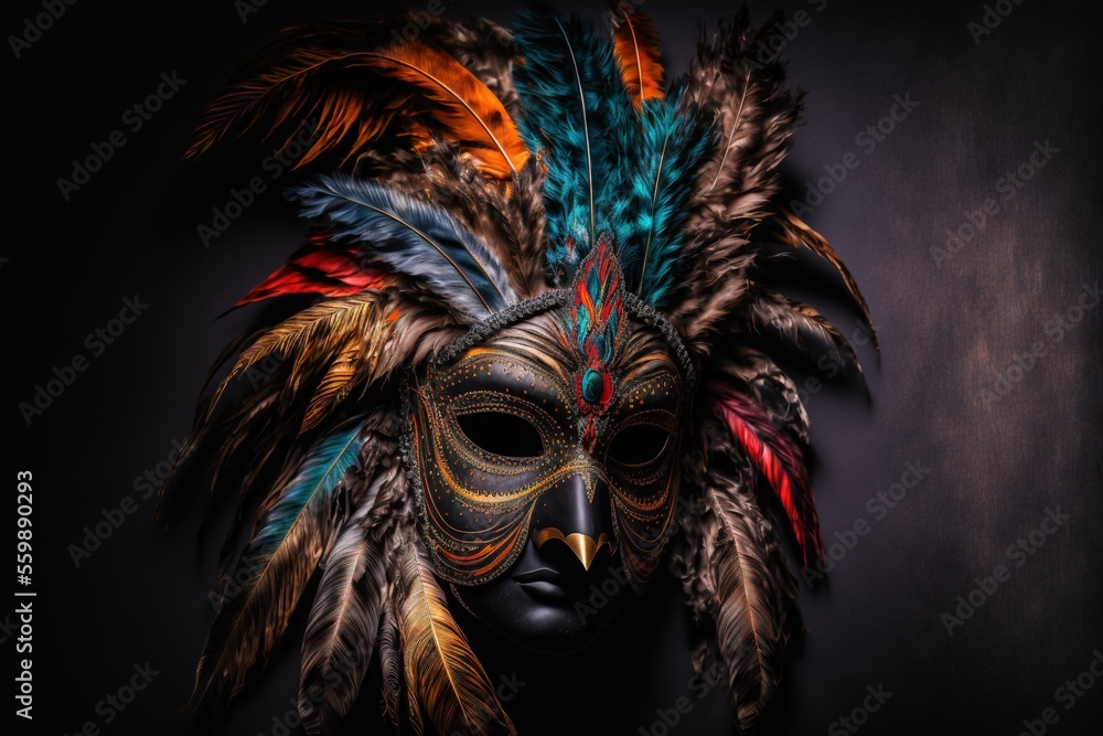 Poster a mask with feathers on it is displayed in a dark room with a black background and a black backgroun