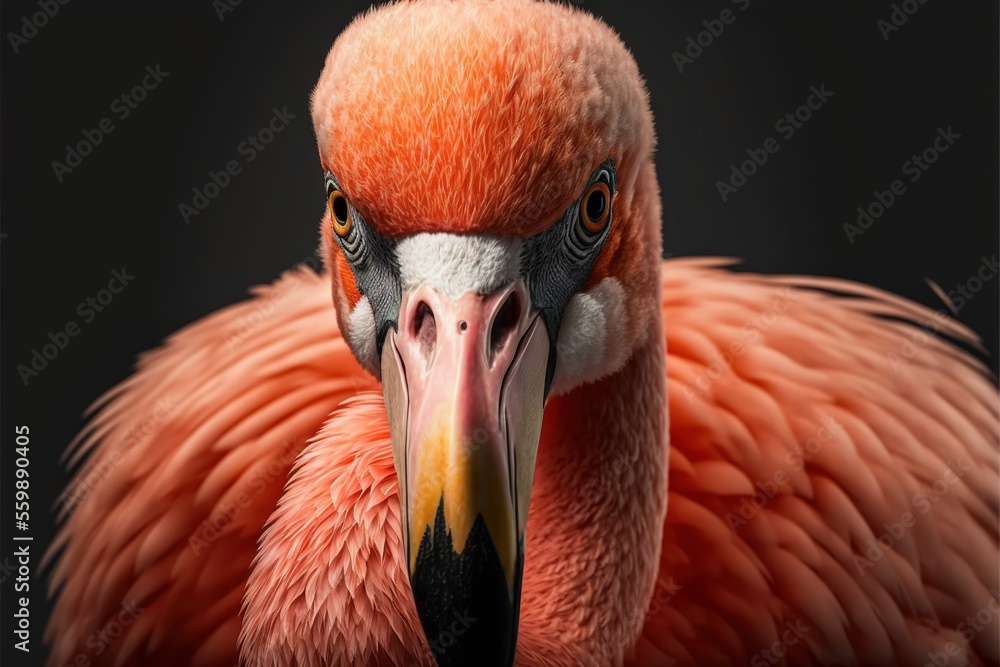 Poster a close up of a flamingo with a black background and a black background with a black background and 