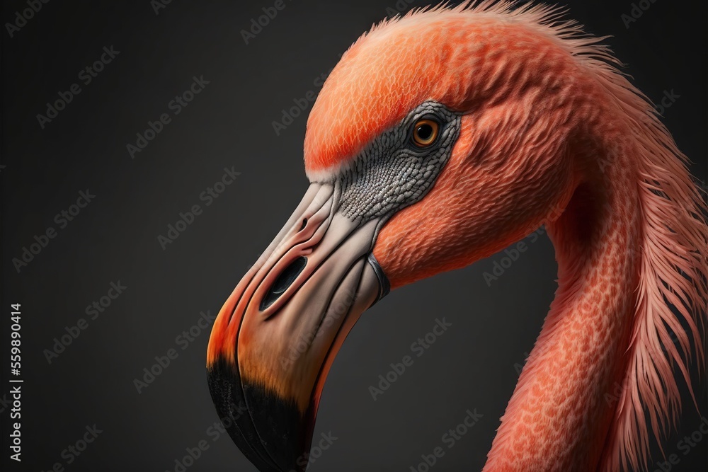 Poster a flamingo with a long bill and a black background is shown in this image, it's head is slightly til