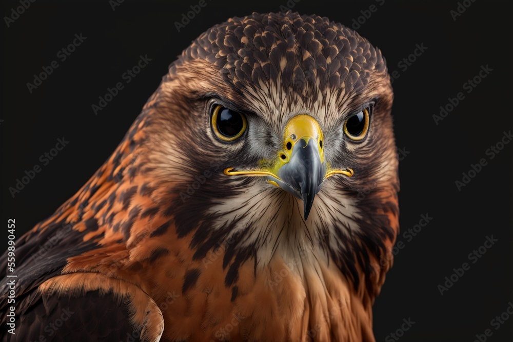 Poster a close up of a bird of prey with a black background and a yellow beak and yellow eyes and a black b