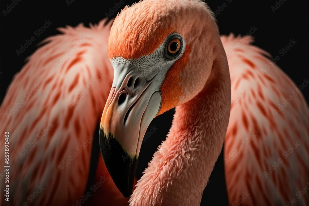 Poster a flamingo with a black background and a pink neck and head with a long bill and a black background 