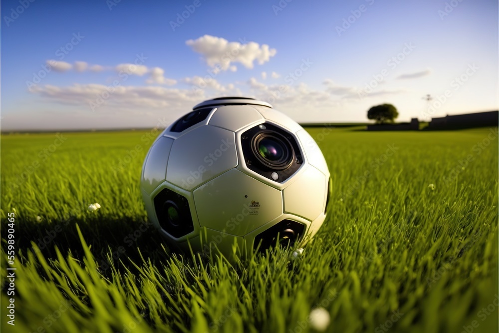 Poster a soccer ball sitting in the middle of a field of grass with a camera attached to it's side, with a 
