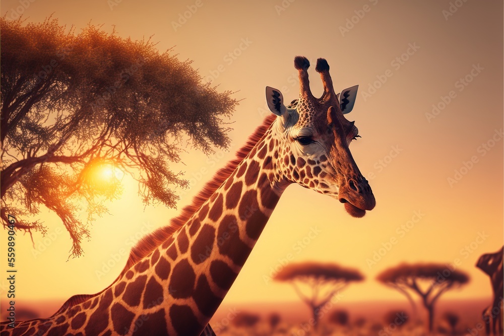 Poster a giraffe standing in a field with trees in the background at sunset or dawn with the sun shining on
