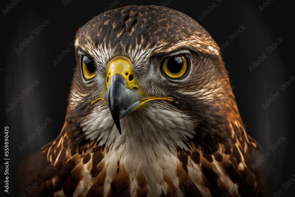 Poster a close up of a bird of prey with a black background and yellow eyes and a black background with a b