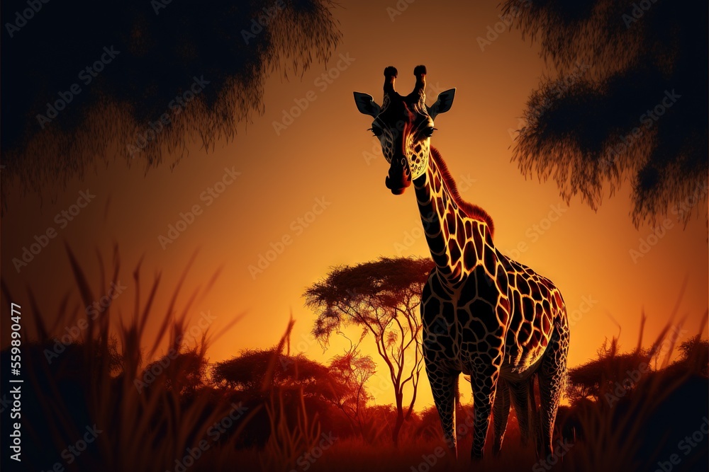 Poster a giraffe standing in a field at sunset with trees in the background and a sky with orange and yello