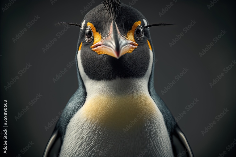 Poster a penguin with a yellow beak and black head and a black background with a black background and a whi