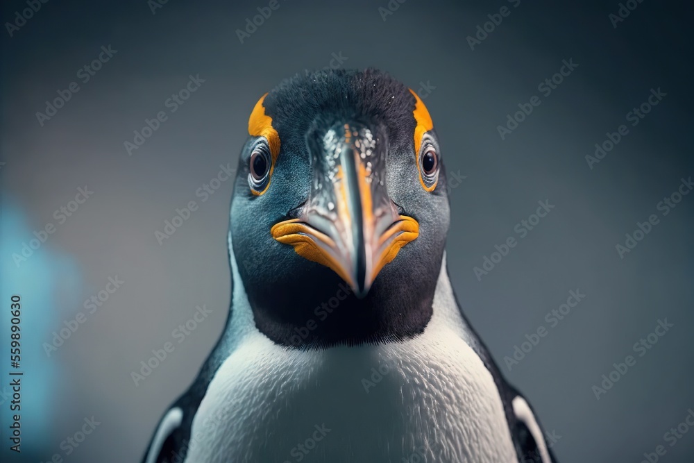 Poster a penguin with a yellow beak and black head and a blue background with a blurry background and a bla