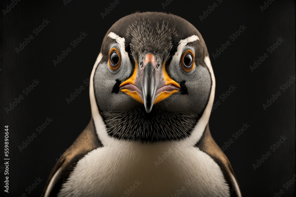 Poster a close up of a penguin with a black background and a yellow beak and orange eyes and a black backgr