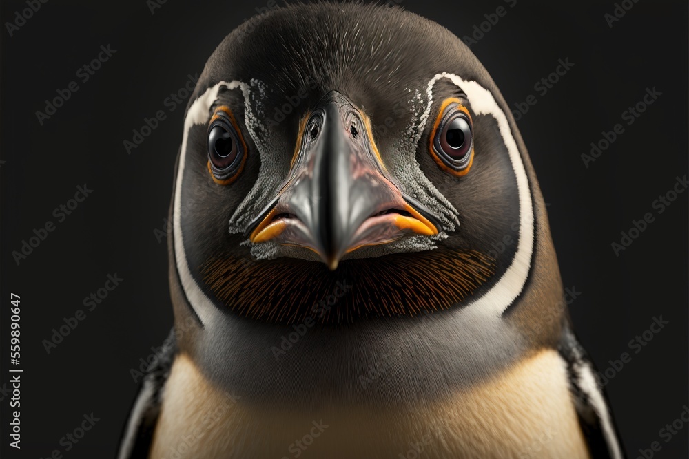 Poster a penguin with a black background and a yellow beak and orange eyes is looking at the camera with a 